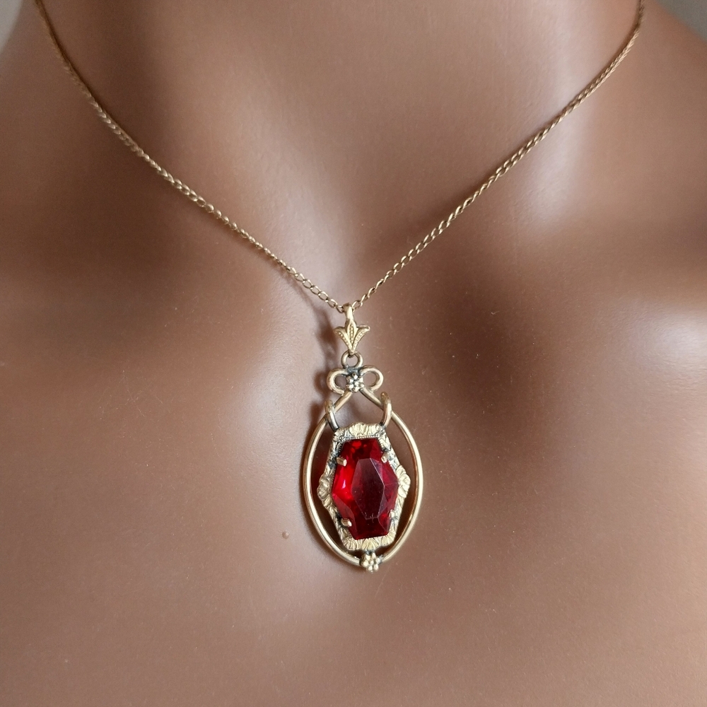 Gold Filled and Red Pendant Necklace - Picture 13 of 15